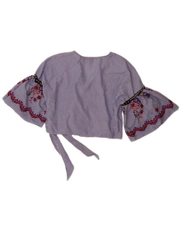 Blusa feminina Topshop manga 3/4 envoltória UK 14 grande listrada azul