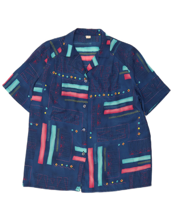 Camisa feminina vintage de manga curta IT 54 2XL azul marinho geométrica
