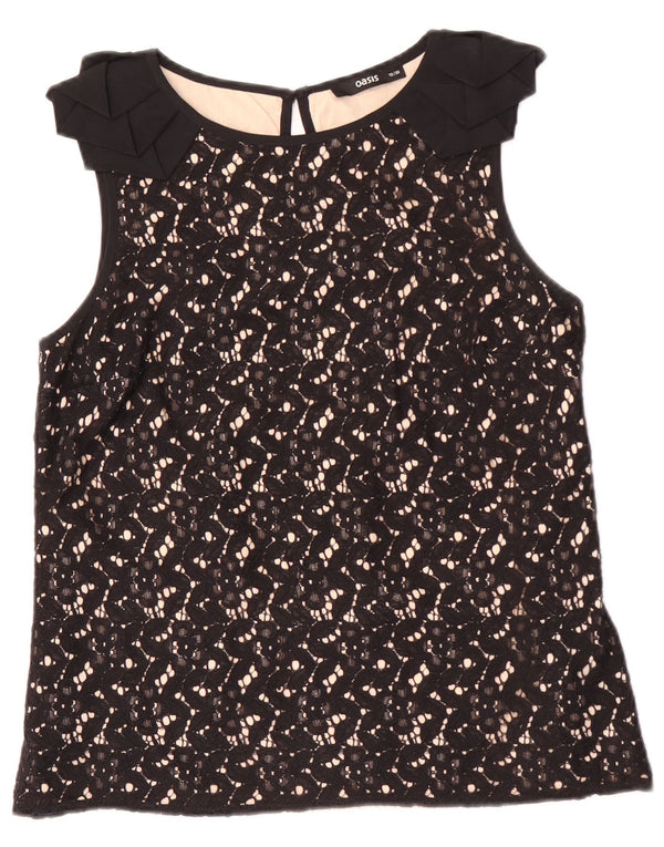 Blusa feminina de renda sem mangas Oasis Reino Unido 10 algodão floral preto pequeno