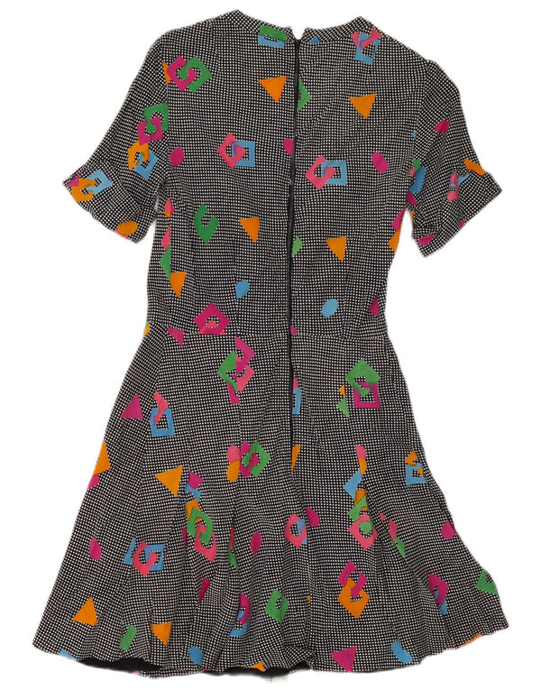 Vestido vintage feminino linha A UK 8 pequeno geométrico multicolorido