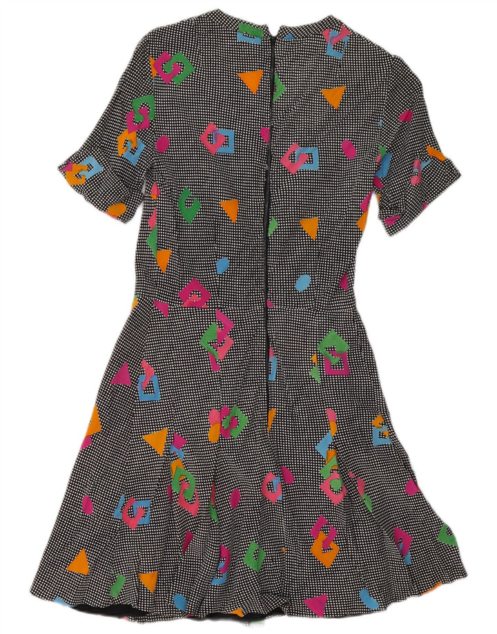 Vestido vintage feminino linha A UK 8 pequeno geométrico multicolorido