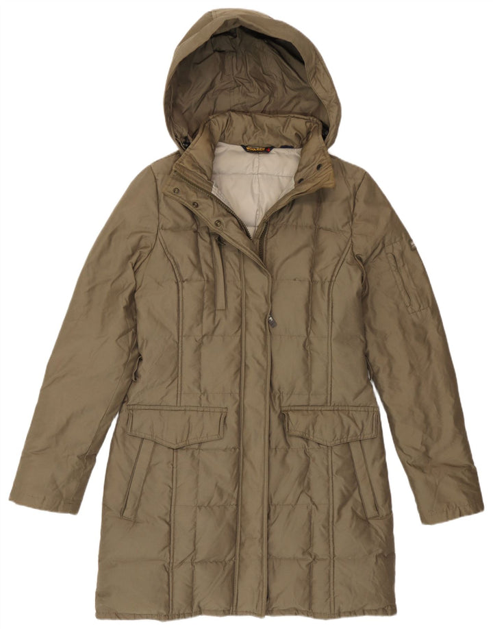 Casaco acolchoado com capuz feminino Woolrich Reino Unido 14 algodão cáqui médio