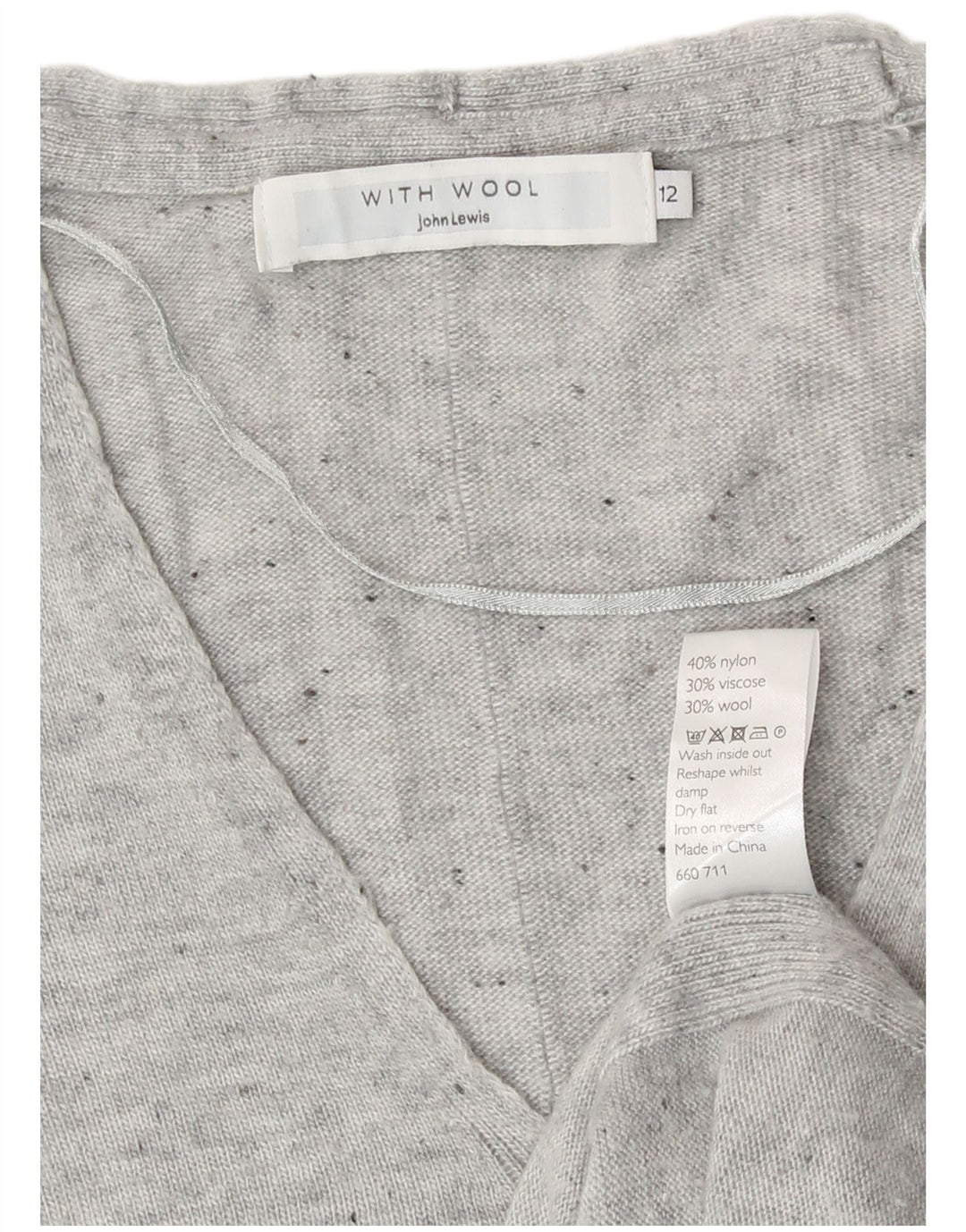 Suéter feminino John Lewis com decote em V Reino Unido 12 nylon manchado cinza médio