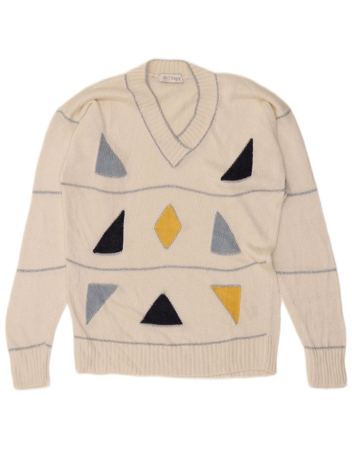 Mc. Suéter feminino Dowell com decote em V IT 46 grande viscose geométrica branca