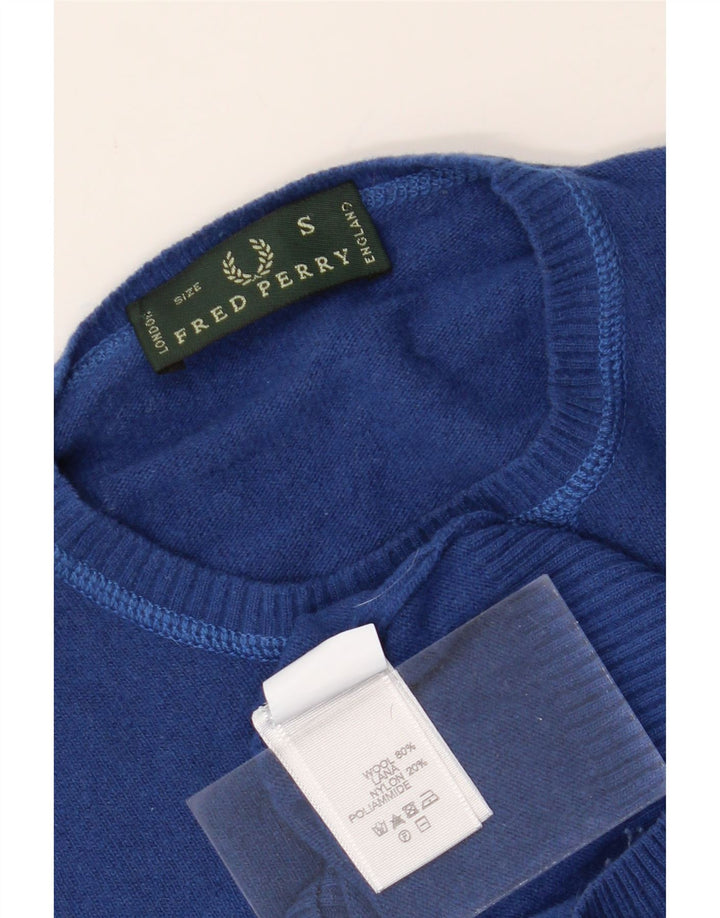 FRED PERRY Mens Crew Neck Jumper Sweater Small Blue Colourblock Wool Vintage Fred Perry and Second-Hand Fred Perry from Messina Hembry 