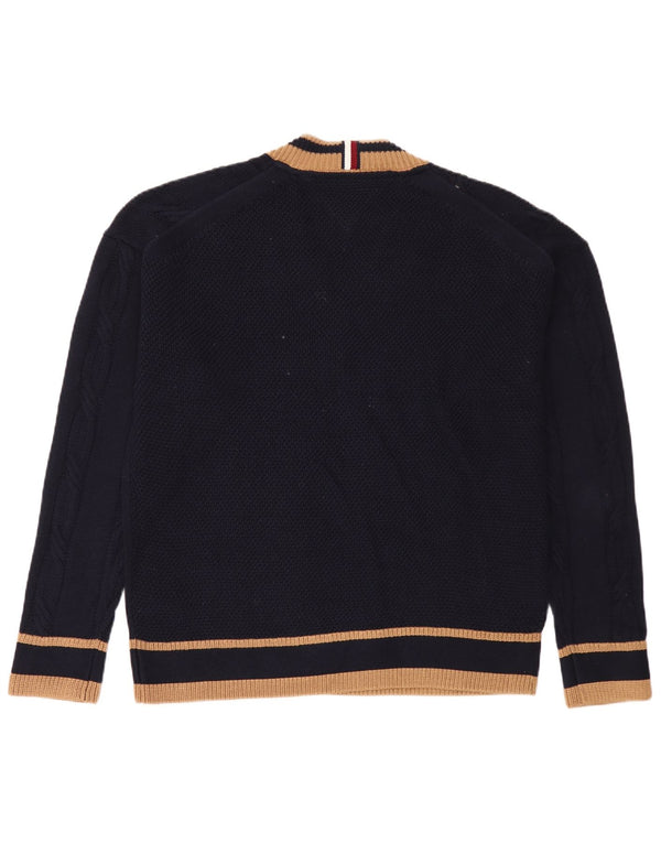 Suéter masculino Tommy Hilfiger com decote em V médio listrado azul marinho de algodão