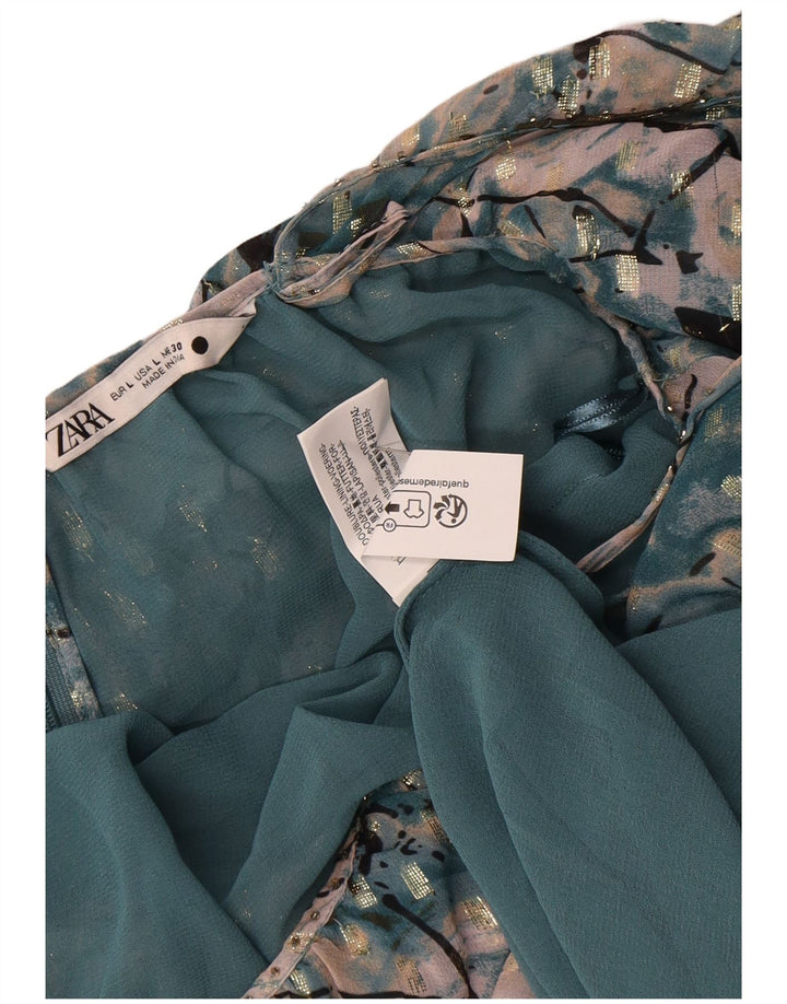 Vestido feminino Zara com padrão abstrato em camadas Reino Unido 16 grande poliéster verde