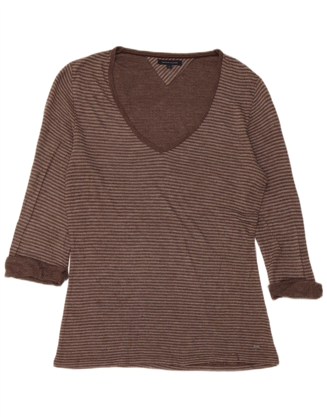 Top feminino TOMMY HILFIGER manga 3/4 Reino Unido 14 listrado marrom grande