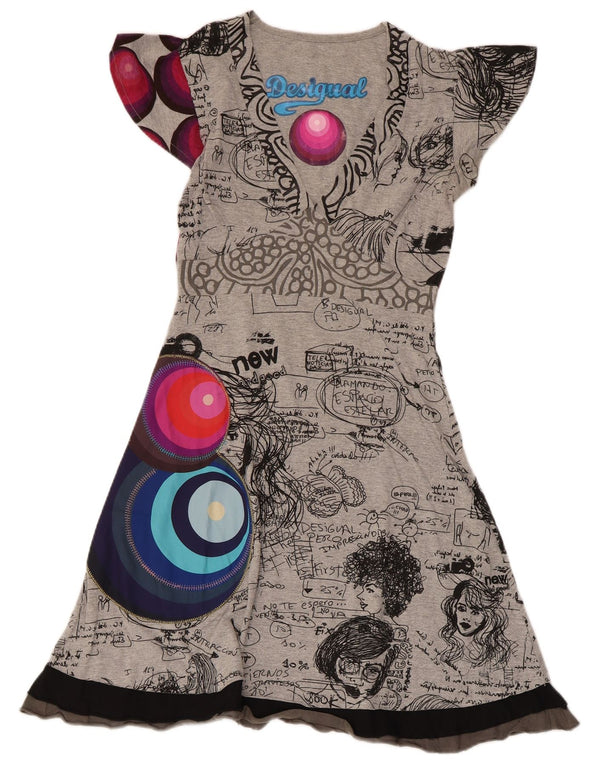 Vestido feminino Desigual com estampa A-Line UK 8 pequeno algodão cinza