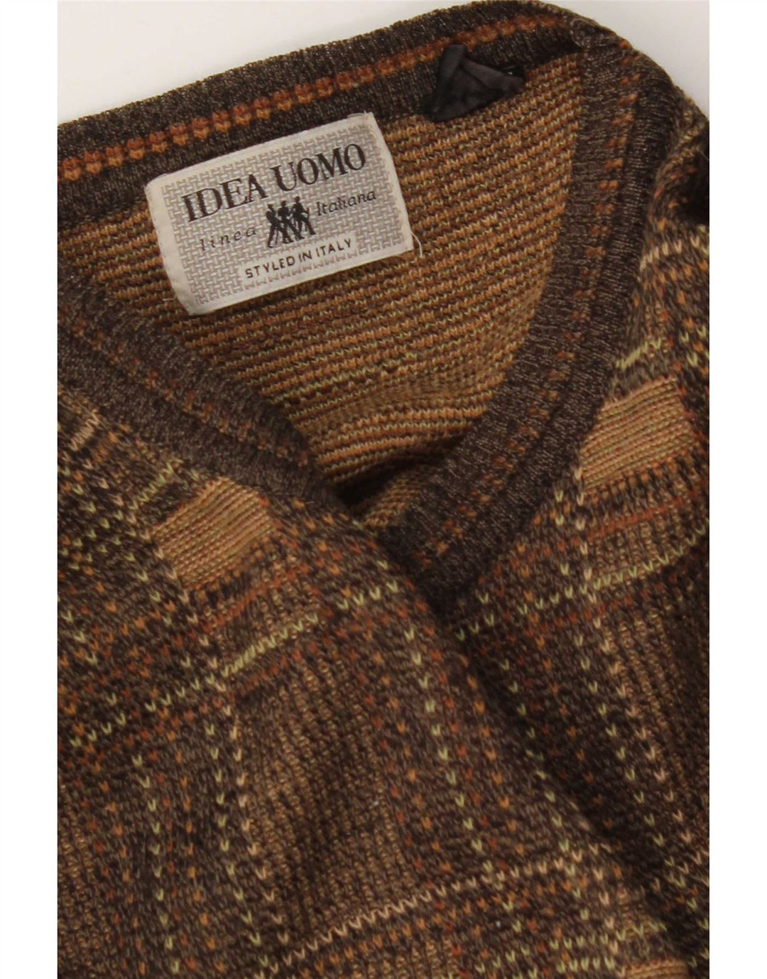 Suéter vintage masculino com gola redonda, grande xadrez marrom