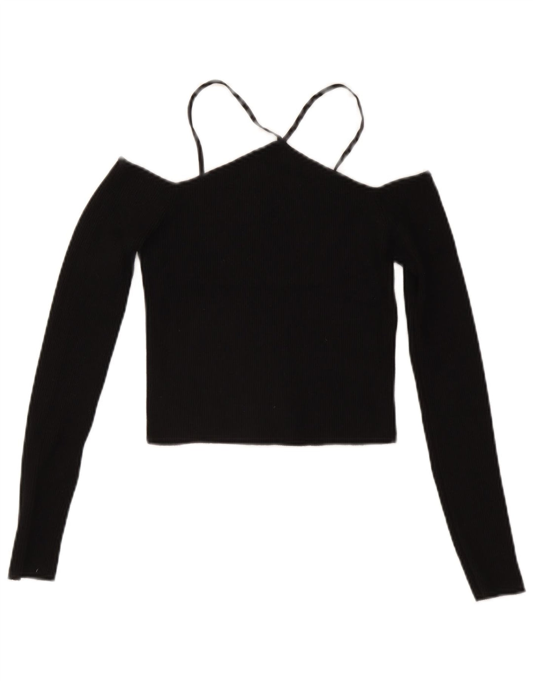 Zara Top feminino de manga comprida com ombro de fora UK 12 Viscose preta média