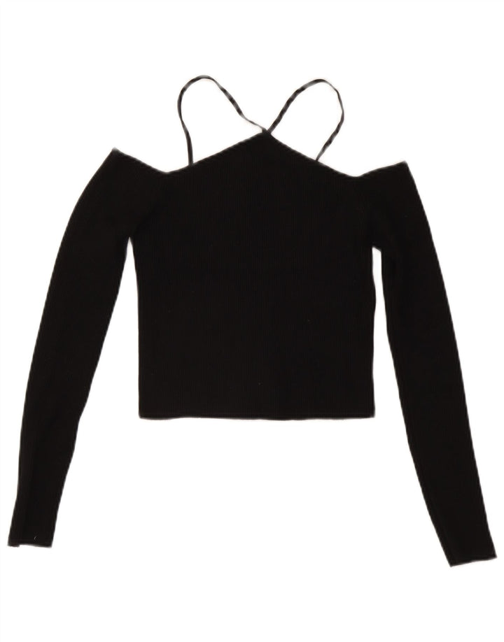 Zara Top feminino de manga comprida com ombro de fora UK 12 Viscose preta média