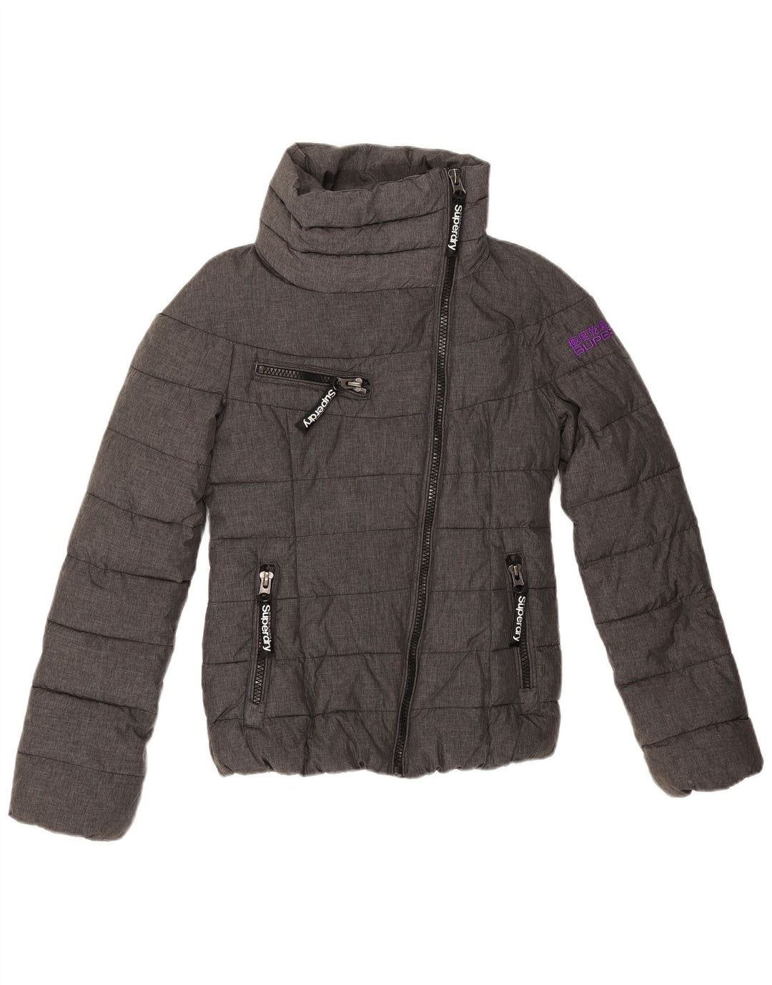 Jaqueta acolchoada gráfica feminina Superdry UK 6 XS poliéster cinza