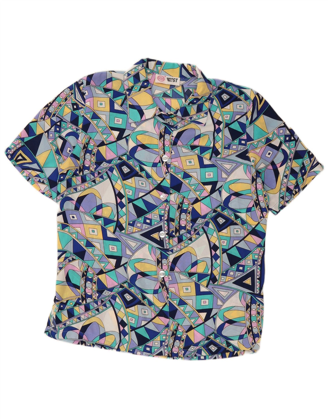 Camisa feminina vintage de manga curta UK 16 grande geométrica multicolorida