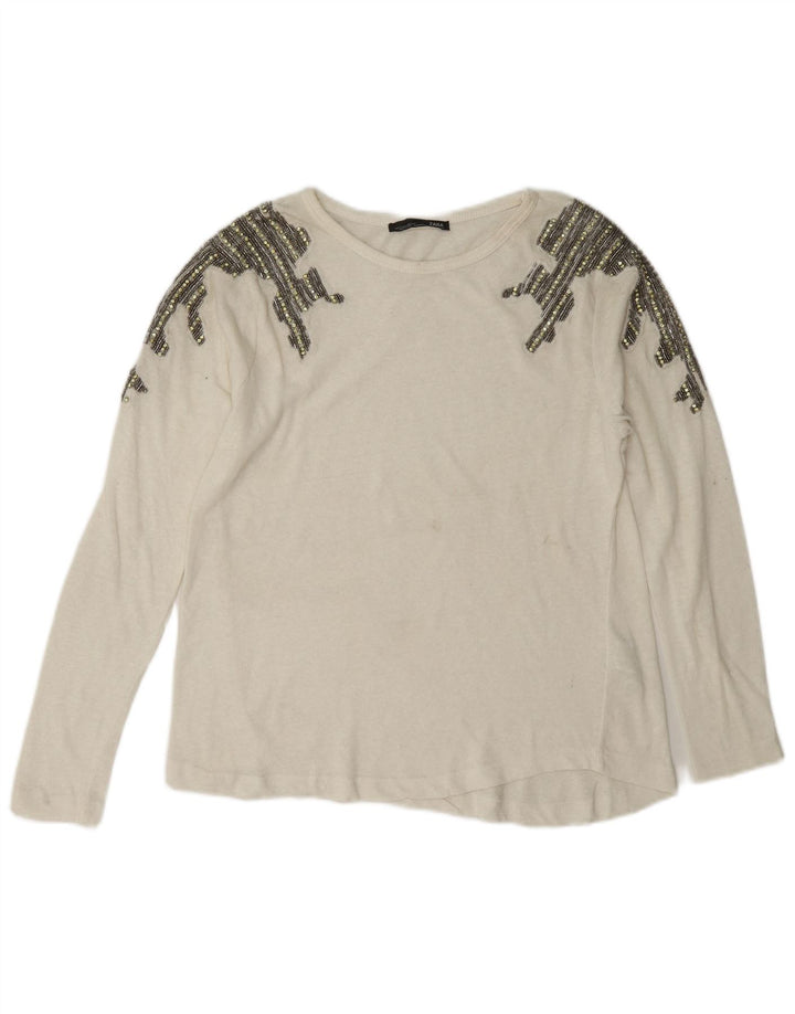 Top feminino Zara manga comprida UK 10 pequeno algodão branco