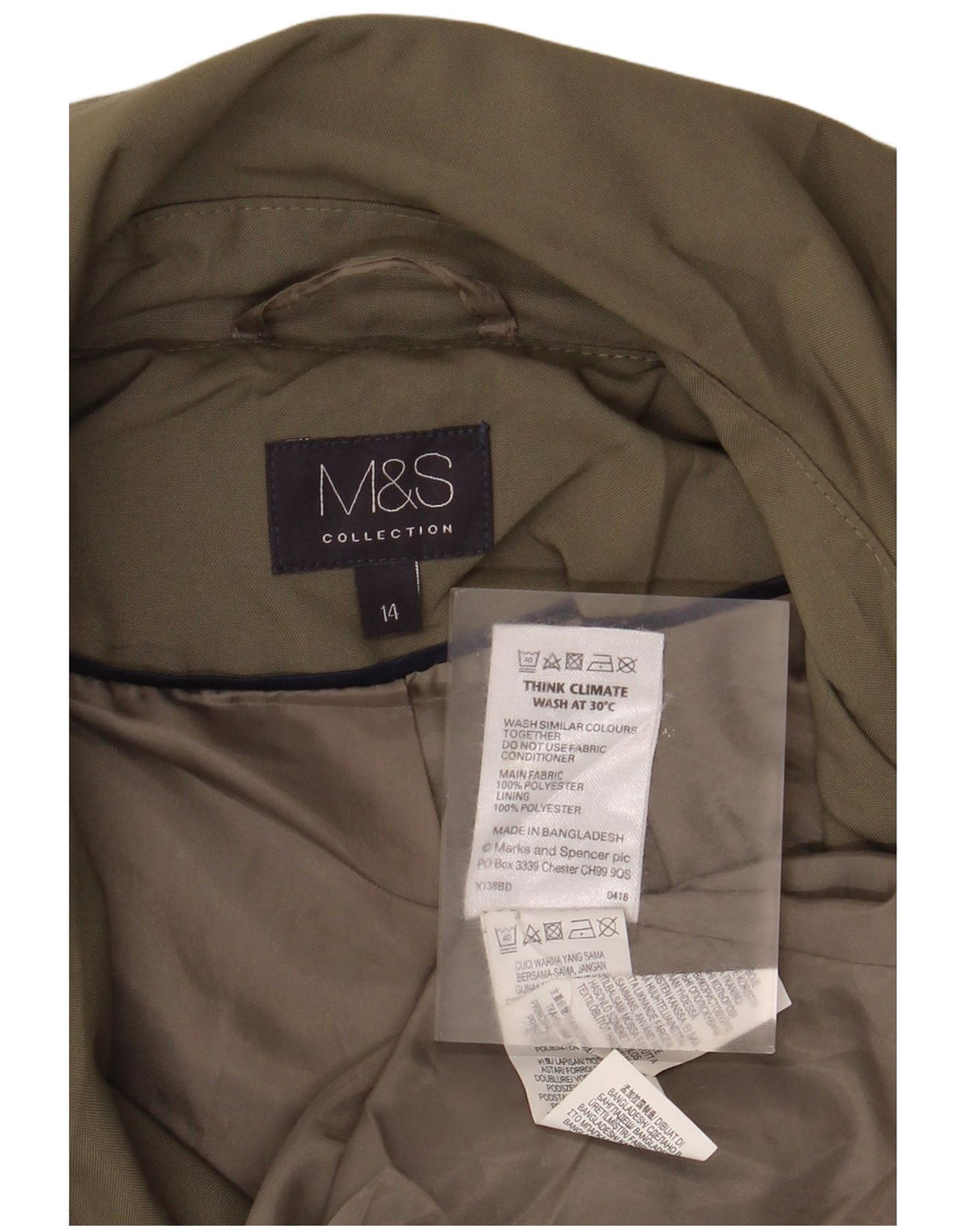 Casaco impermeável feminino Marks & Spencer Reino Unido 14 grande poliéster cáqui
