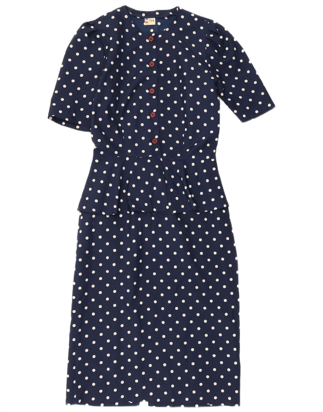 Vestido peplum feminino vintage IT 42 poliéster de bolinhas azul marinho médio