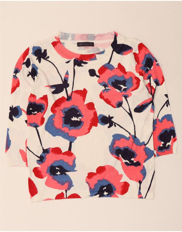 Suéter feminino Marks & Spencer com gola canoa Reino Unido 14 médio branco floral
