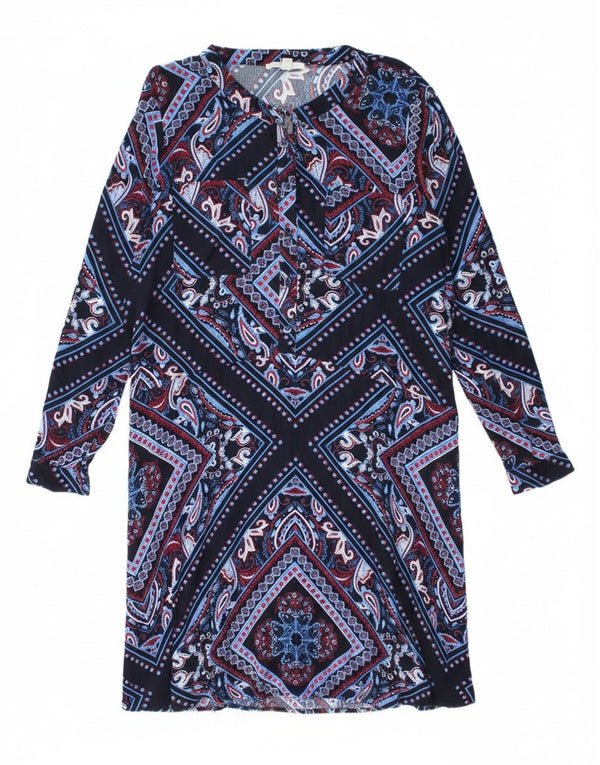 Vestido feminino Esprit de manga comprida evasê UK 18 XL azul marinho paisley boêmio