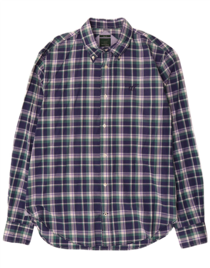 Camisa masculina slim fit Henry Cottons tamanho 39 algodão xadrez médio azul marinho