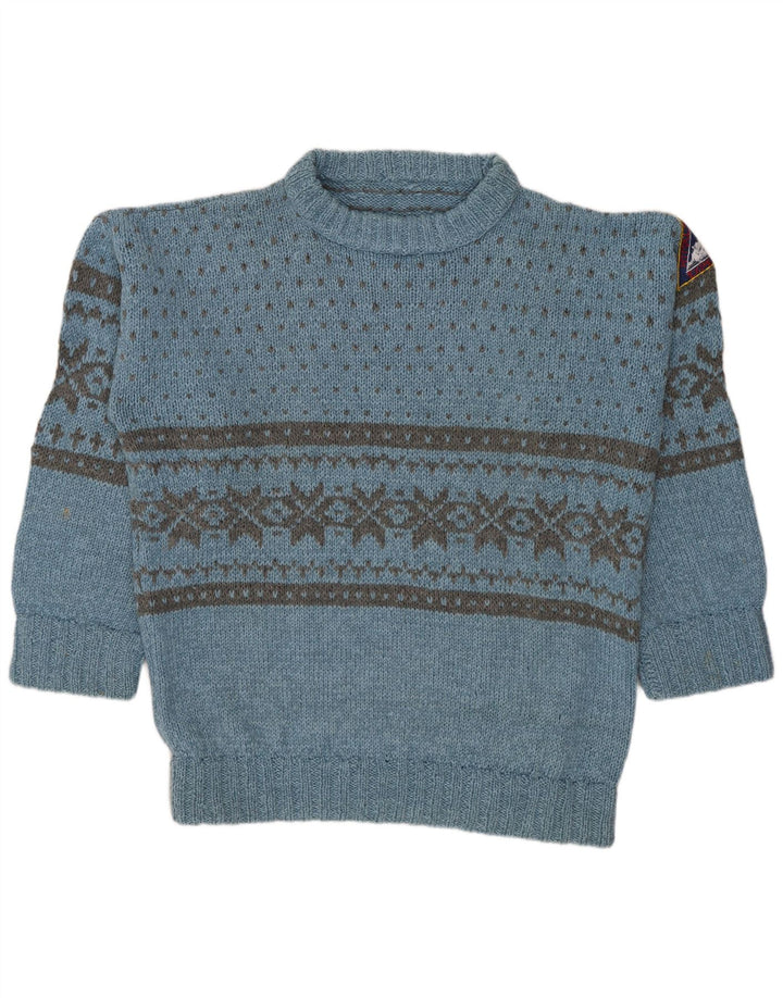 Suéter masculino vintage com gola canoa grande azul Fair Isle