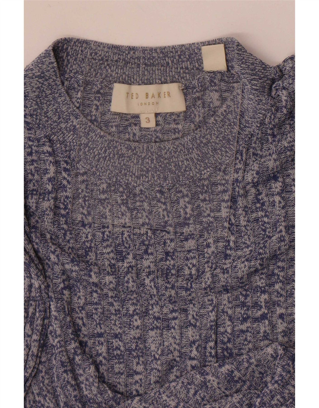 Suéter feminino Ted Baker com gola redonda tamanho 3 médio azul manchado