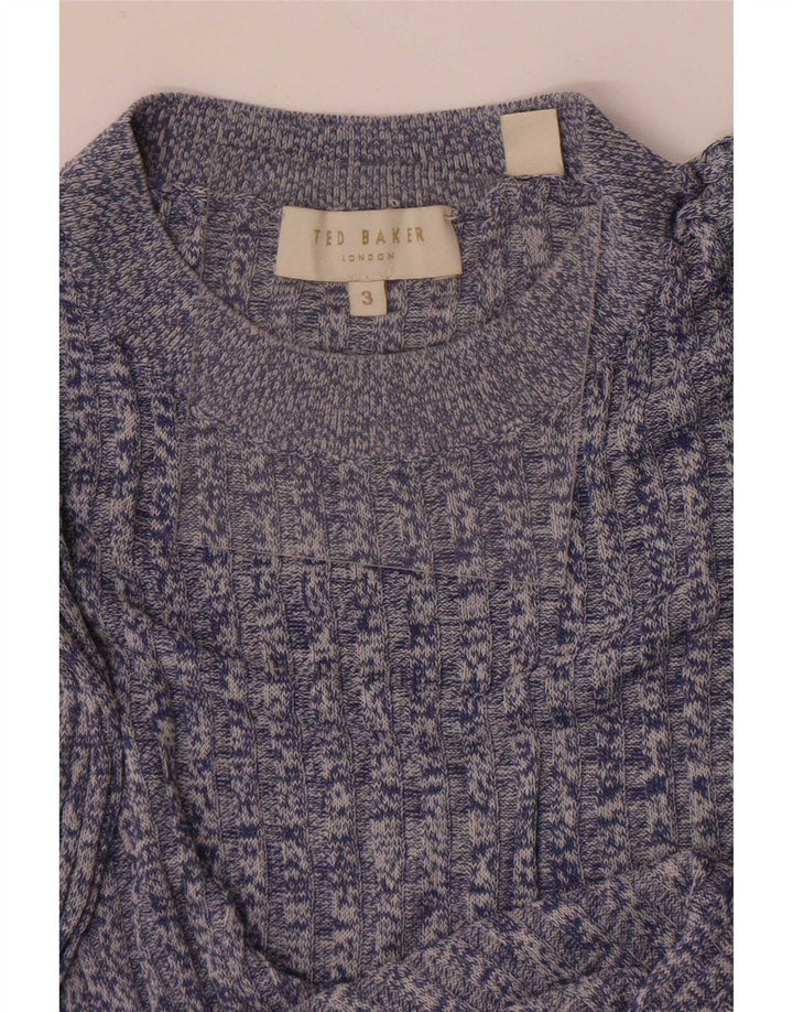 Suéter feminino Ted Baker com gola redonda tamanho 3 médio azul manchado
