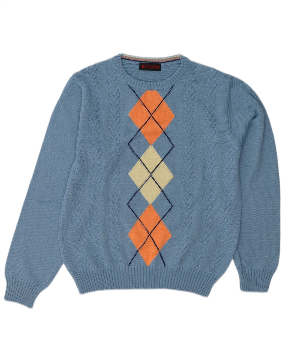 Il Granchio Suéter masculino com gola redonda, suéter médio azul argyle/lã diamante