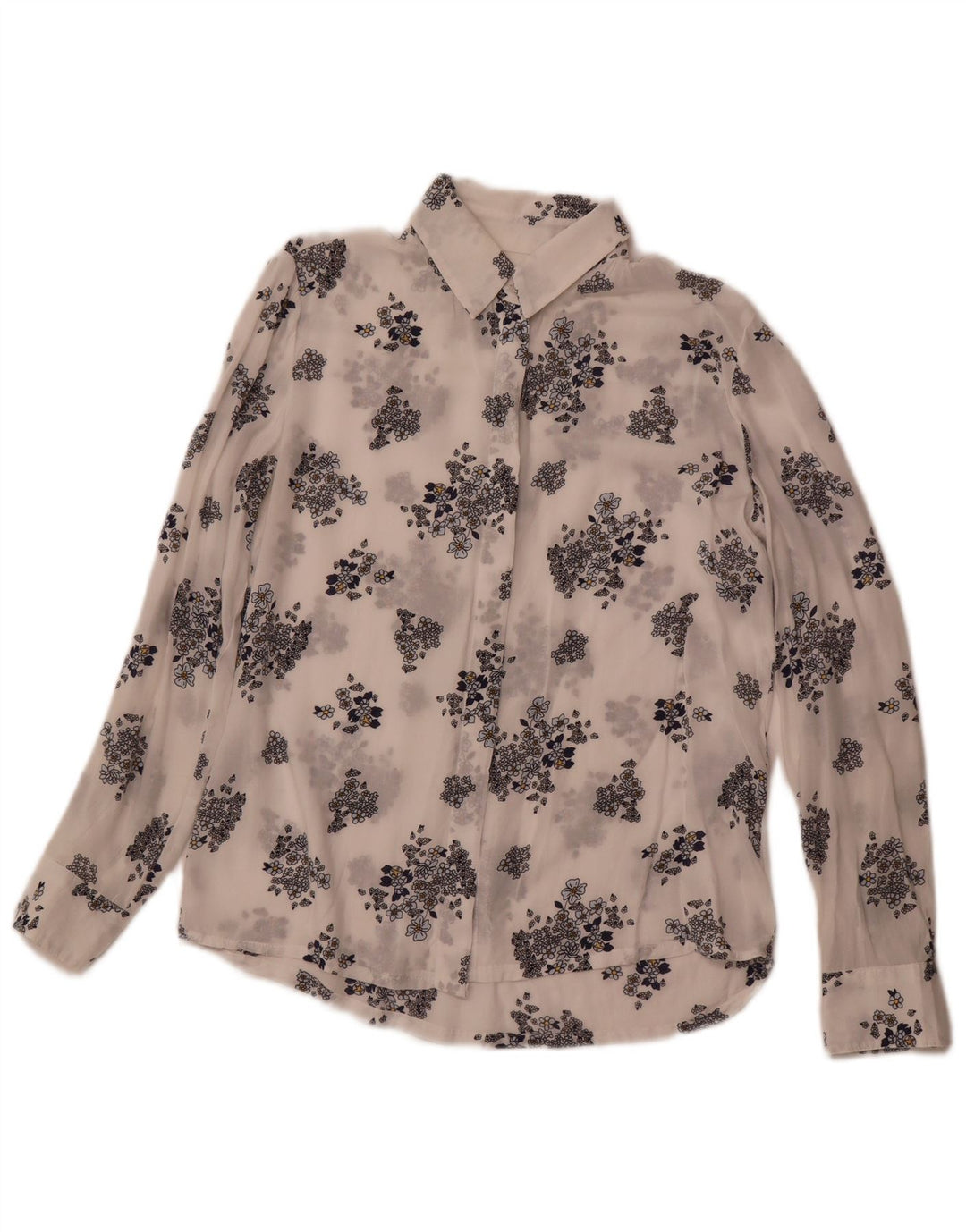 Camisa feminina transparente BENETTON Reino Unido 6 XS branco floral modal
