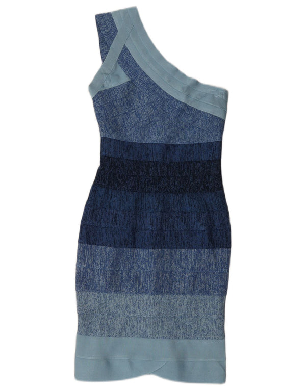 Vestido bodycon feminino Herve Leger com um ombro UK 4 XS azul rayon