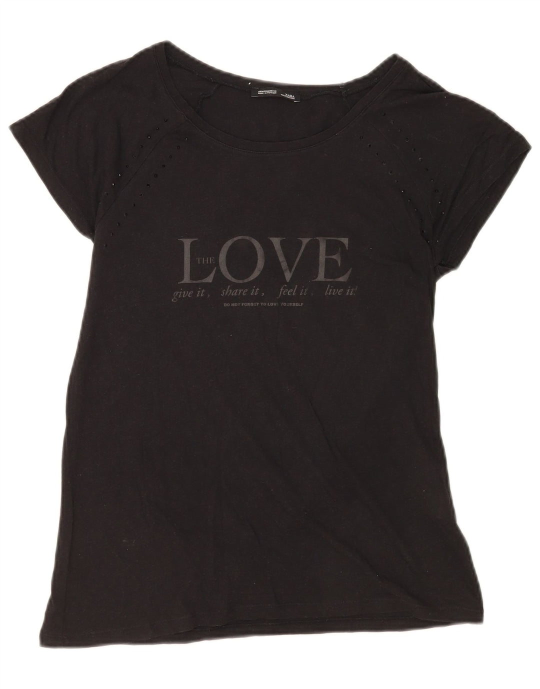 Zara Womens Graphic T-Shirt Top UK 12 Médio Algodão Preto