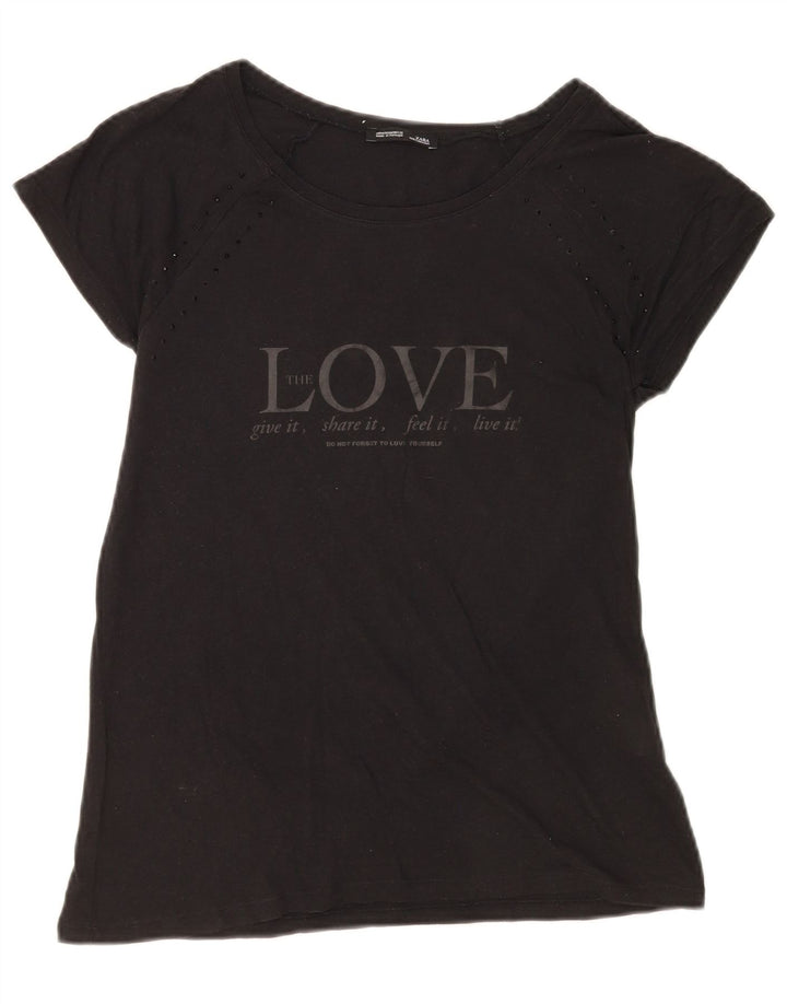 Zara Womens Graphic T-Shirt Top UK 12 Médio Algodão Preto
