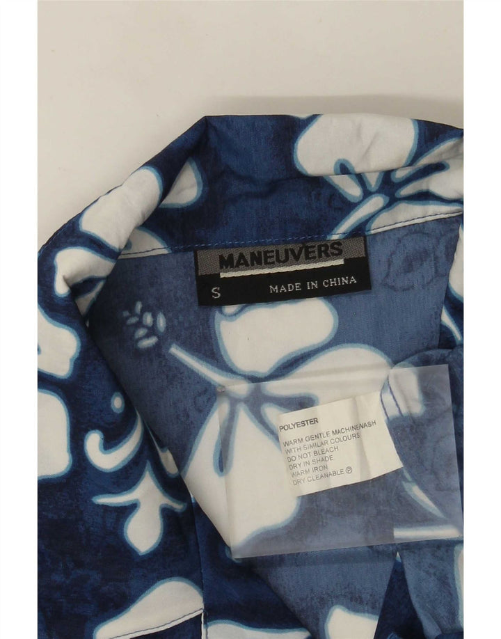 Camisa masculina vintage de manga curta em poliéster floral azul pequeno
