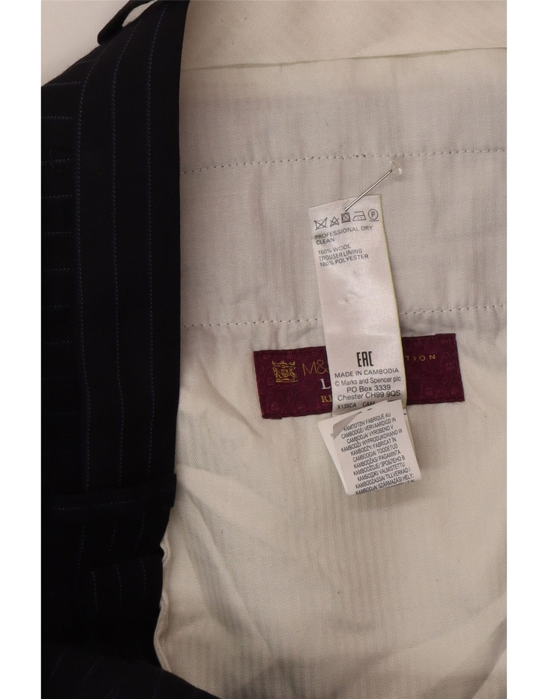 Calça masculina de ajuste regular Marks & Spencer W34 L31 listrada azul marinho