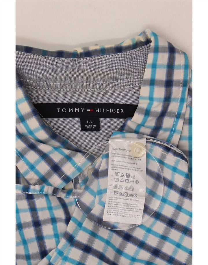 Tommy Hilfiger Camisa masculina de manga curta grande algodão xadrez azul