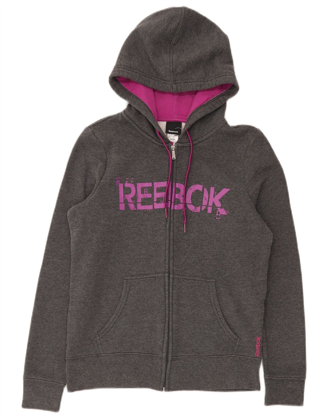 Suéter Reebok feminino com capuz e zíper gráfico UK 10 pequeno algodão cinza