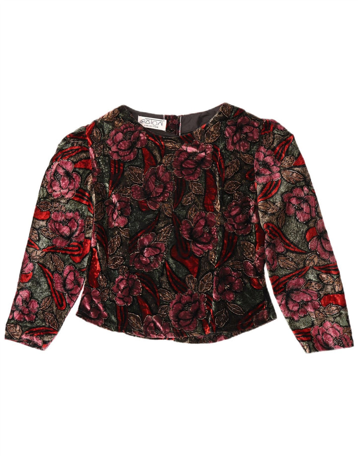 Blusa feminina vintage de manga comprida UK 14 floral multicolorido médio