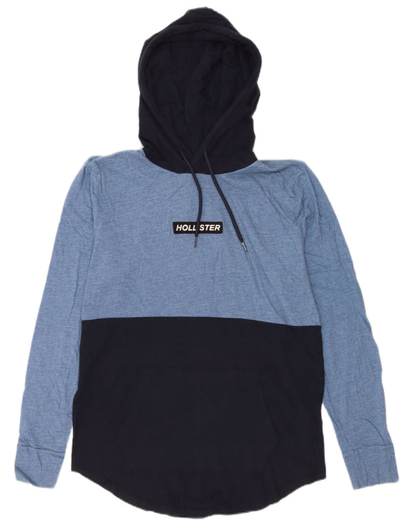 Top masculino Hollister com capuz, manga comprida, algodão colorblock azul médio