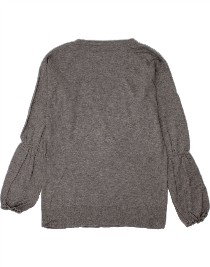 BENETTON Girls Graphic Boat Neck Jumper Sweater 8-9 Years Grey Vintage Benetton and Second-Hand Benetton from Messina Hembry 