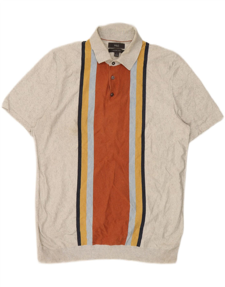 Camisa pólo masculina Marks & Spencer grande algodão listrado cinza