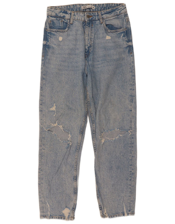 Zara Calça jeans feminina cintura alta desgastada EU 40 médio W30 L28 azul