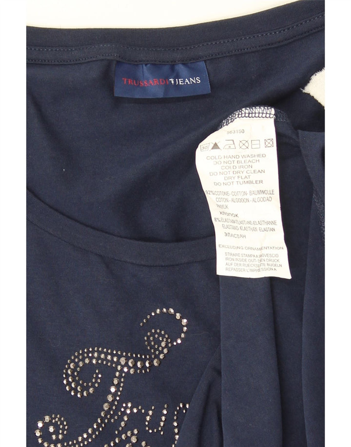 Trussardi Jeans Top gráfico feminino manga comprida Reino Unido 12 médio azul marinho