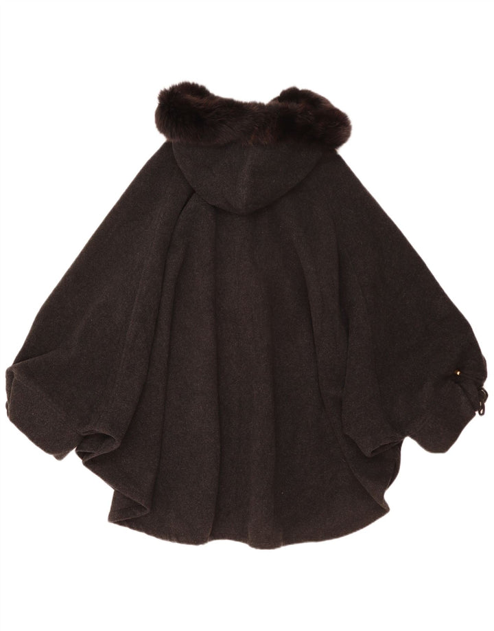 Casaco feminino vintage com capuz, tamanho único, lã cinza