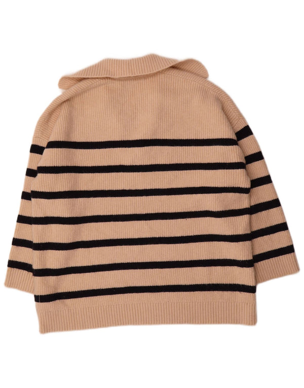 Zara Suéter feminino oversized com gola polo, Reino Unido 16, grande, bege, listrado