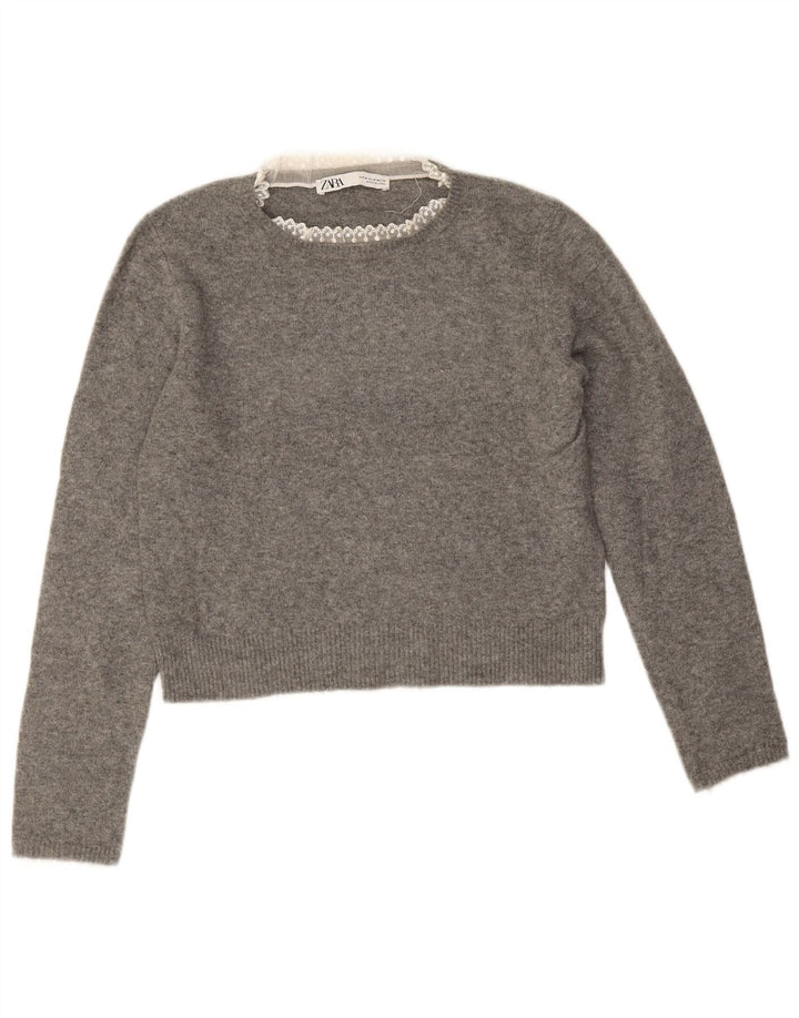 Suéter feminino Zara com gola redonda e gola redonda, Reino Unido 14, cinza médio