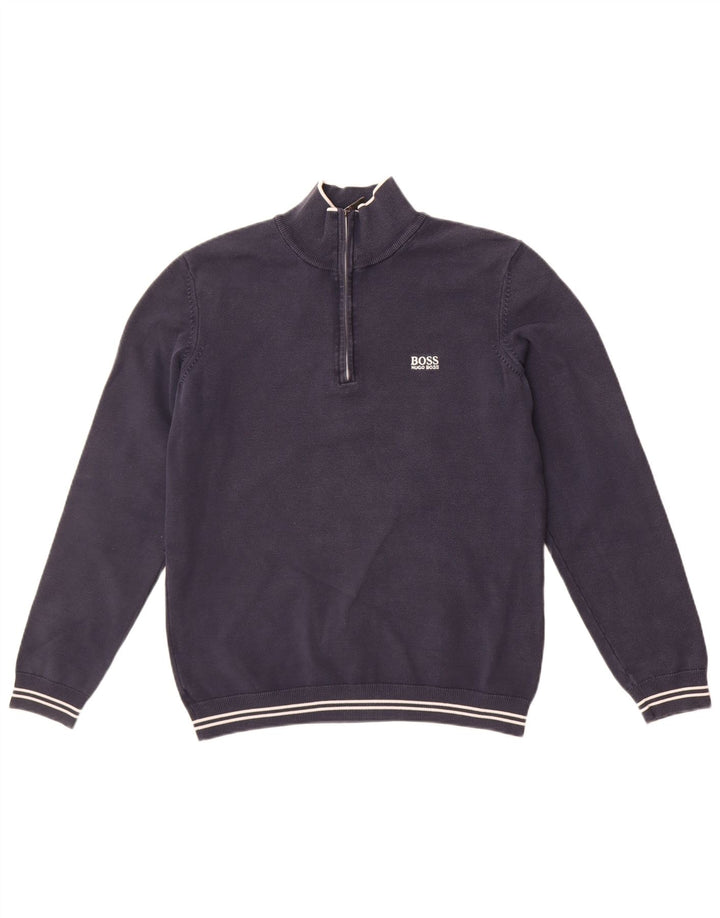 Hugo Boss moletom masculino com zíper e gola alta algodão azul marinho médio
