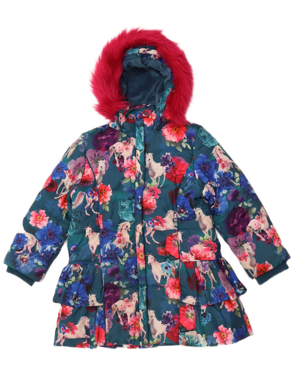 Monsoon Girls Hooded Padded Coat 7-8 Years Blue Floral Polyester