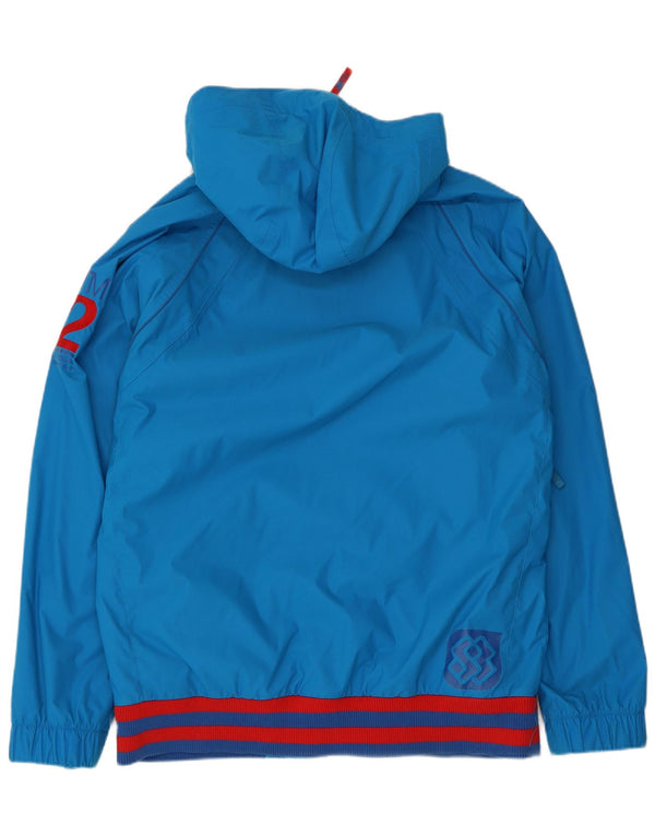 Jaqueta corta-vento masculina vintage com capuz gráfico Reino Unido 40 grande azul nylon