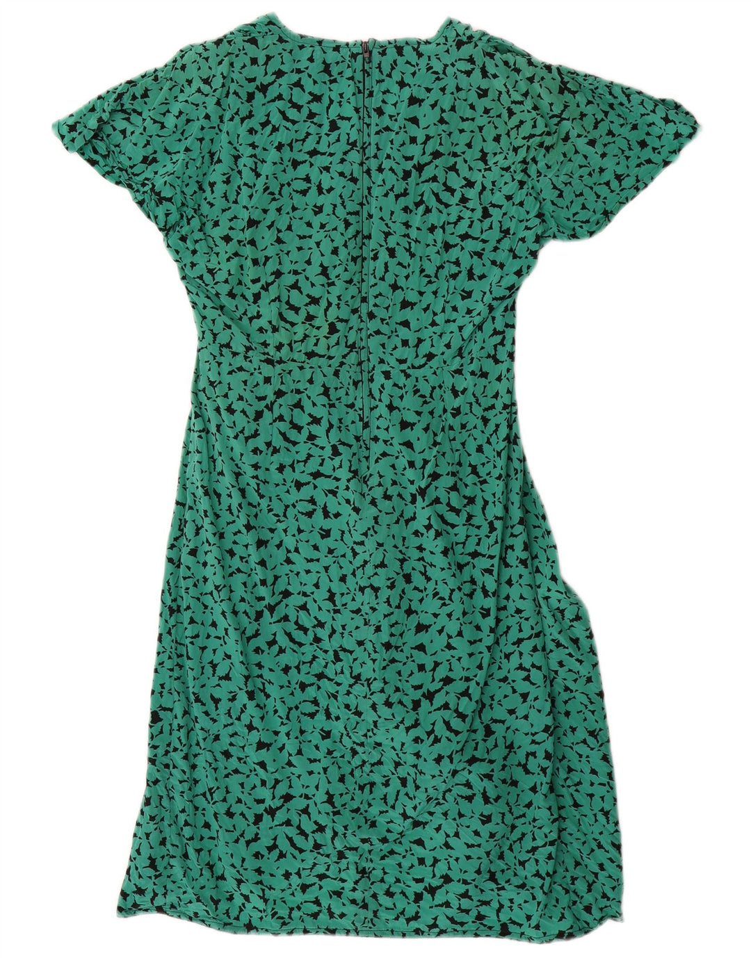 Vestido vintage feminino com padrão abstrato evasê Reino Unido 16 seda verde grande