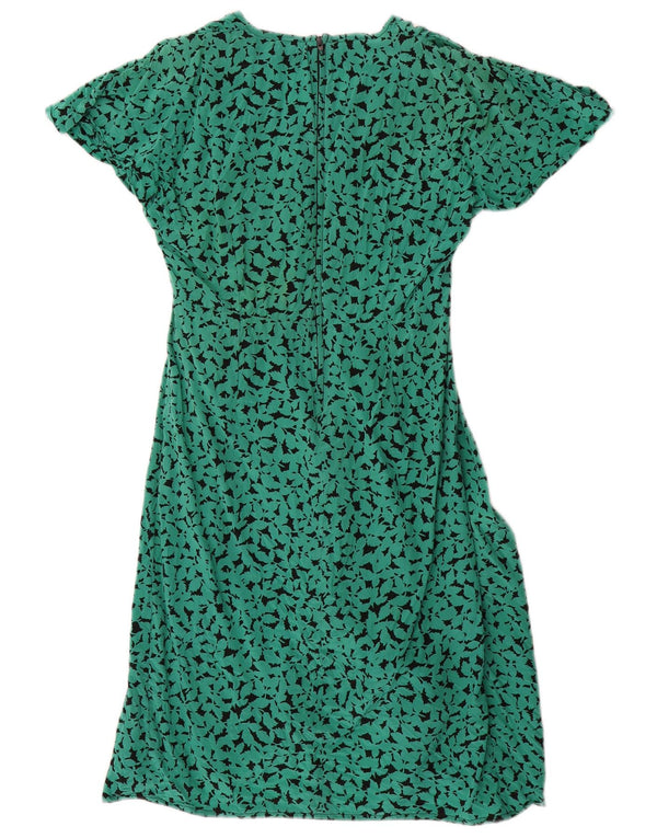 Vestido vintage feminino com padrão abstrato evasê Reino Unido 16 seda verde grande